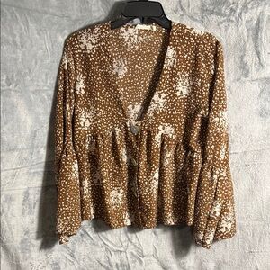 Brown Floral Women's Top baby doll blouse with bell sleeves size medium